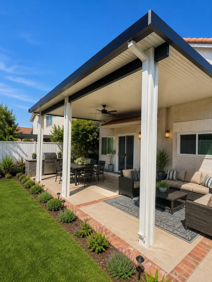 White wood-grain aluminum patio cover with a slate-gray fascia over a backyard lounge and dining patio