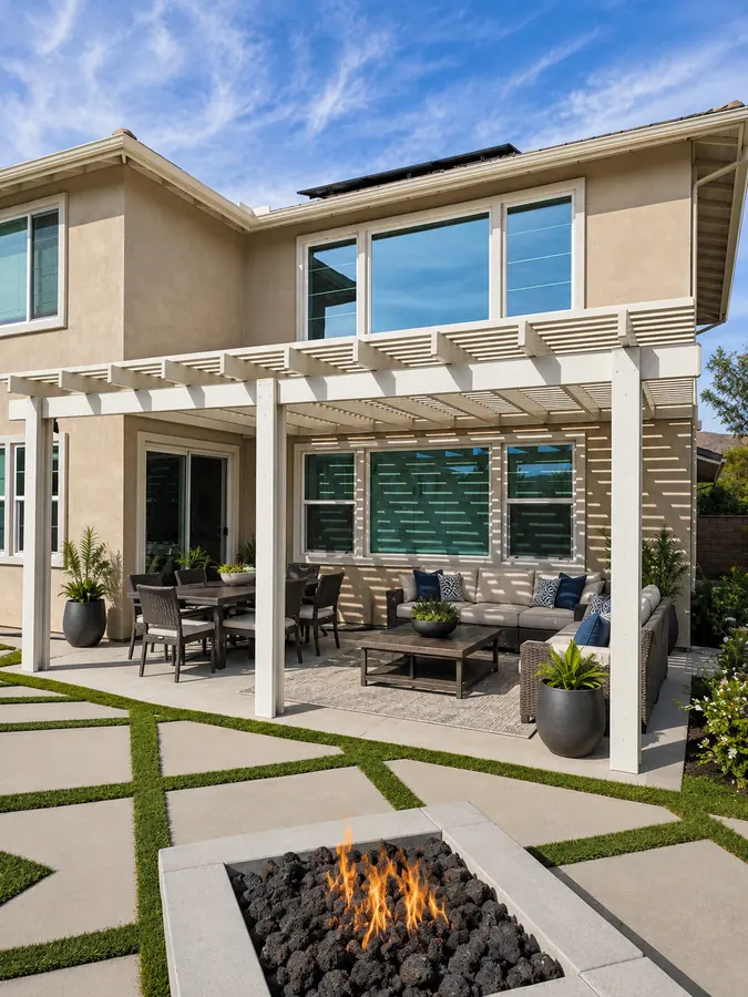 Cream open-lattice aluminum patio cover casting striped shade over a backyard lounge and dining set