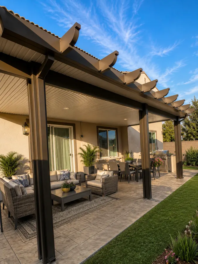 Bronze wood-grain aluminum patio cover with decorative rafter-tail trim over a backyard lounge and dining patio