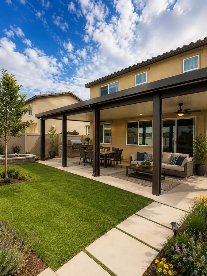 Espresso insulated aluminum patio cover over a backyard dining and lounge patio with a fire pit