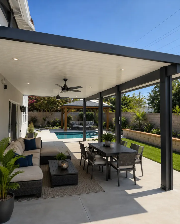 Slate-gray wood-grain aluminum patio cover with a ceiling fan over a poolside lounge and dining patio