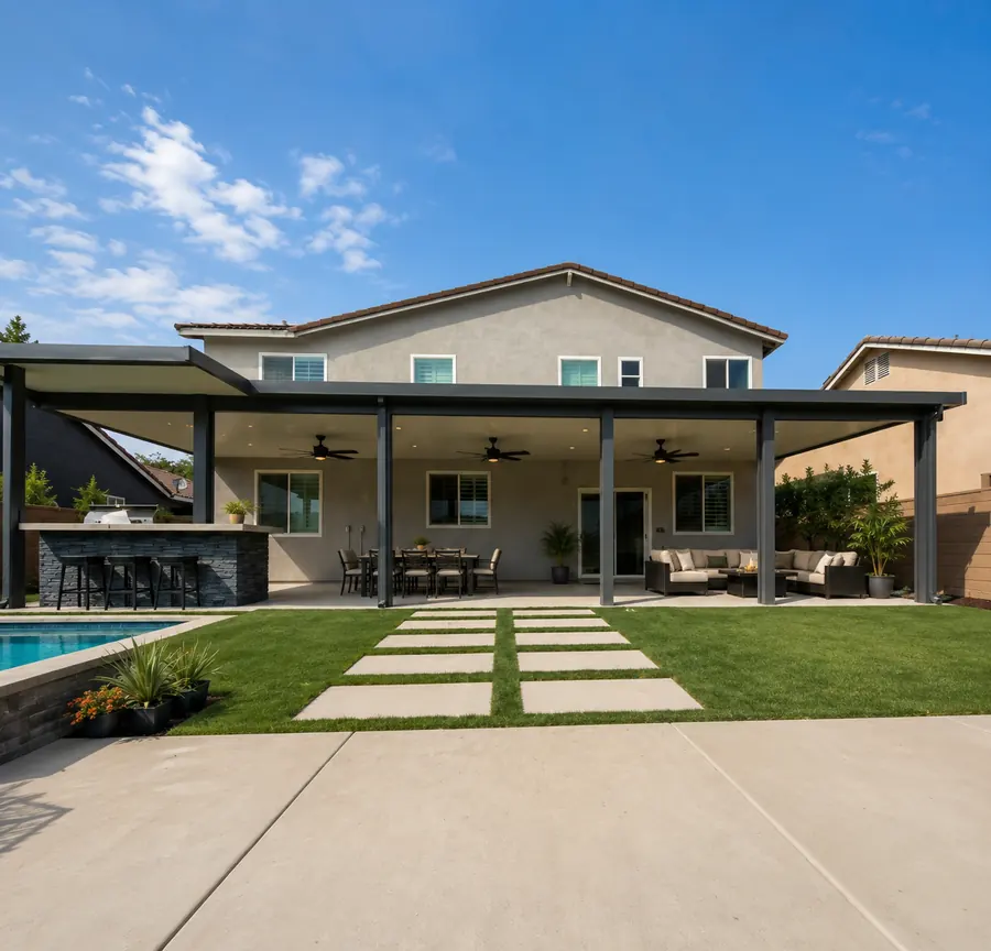 Slate-gray insulated aluminum patio cover spanning a backyard with an outdoor kitchen, dining, and pool