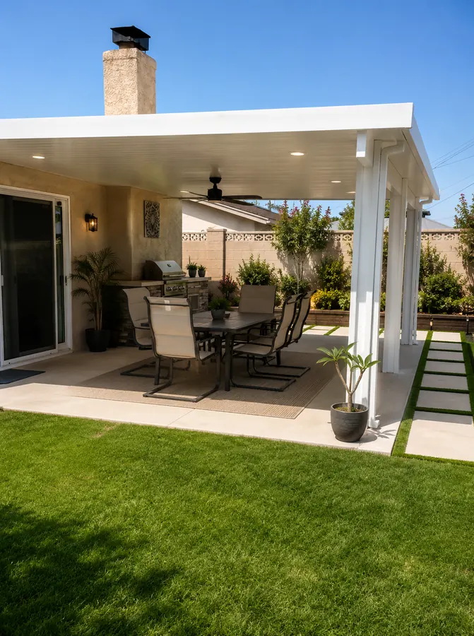 White wood-grain aluminum patio cover over a backyard dining patio with a built-in grill