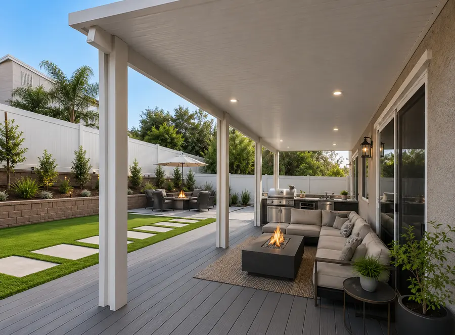 White insulated aluminum patio cover over a backyard fire-pit lounge and outdoor kitchen