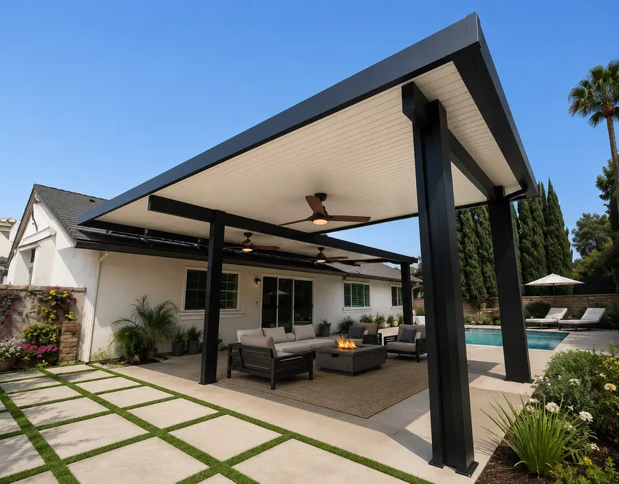 Black-trimmed white insulated aluminum patio cover over a freestanding poolside lounge with a ceiling fan