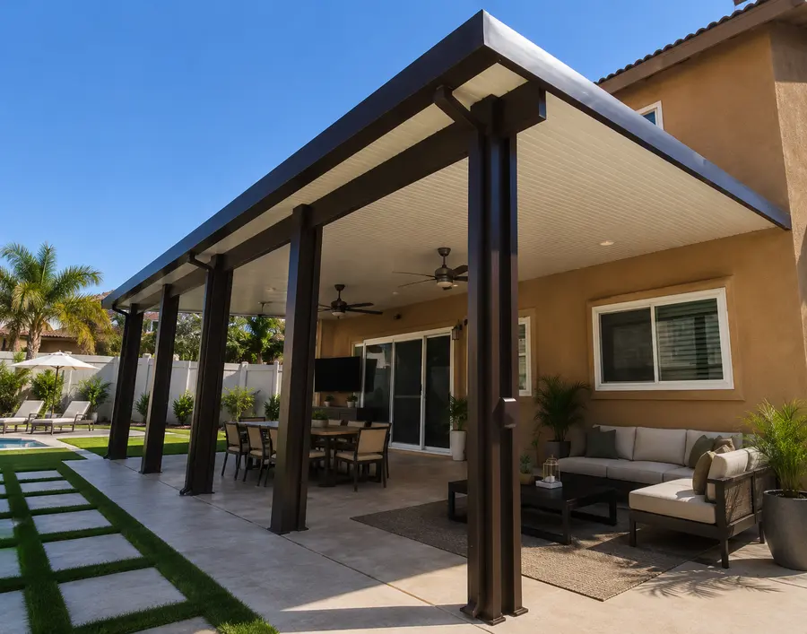 Brown wood-grain aluminum patio cover over a backyard dining and lounge area with a wall-mounted TV