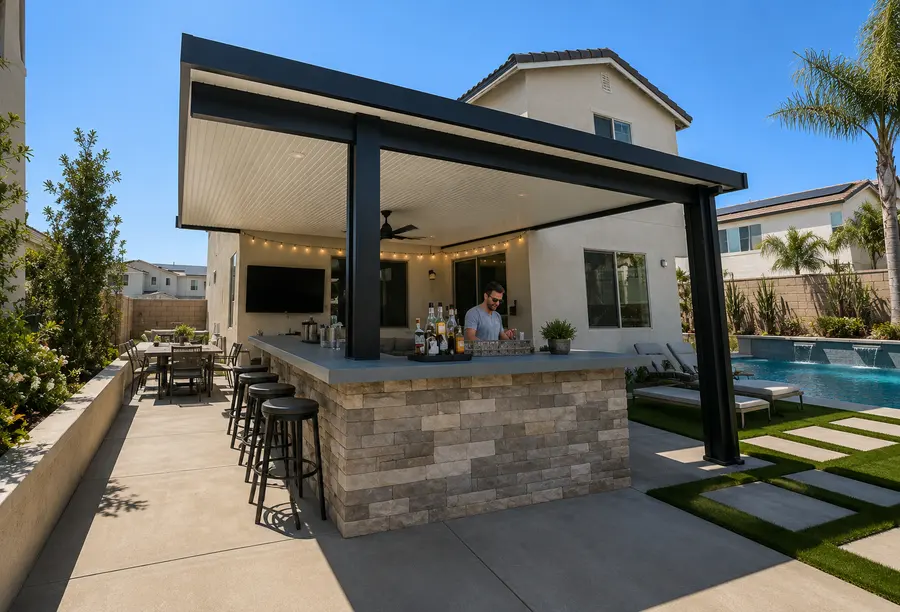 Black insulated aluminum patio cover over a stone outdoor bar beside a pool