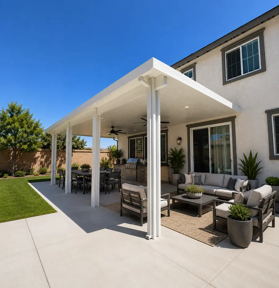 White wood-grain aluminum patio cover over a long outdoor kitchen, dining, and lounge patio