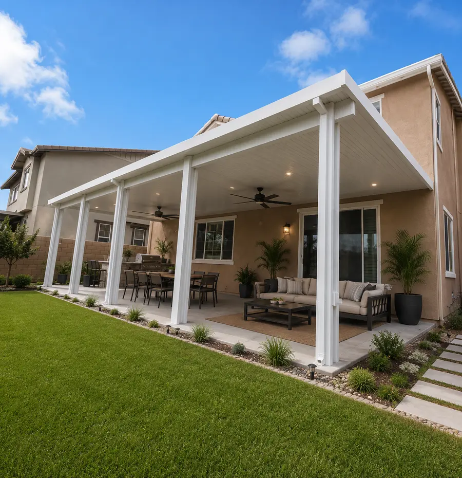 White wood-grain aluminum patio cover over a backyard dining and lounge area beside a manicured lawn