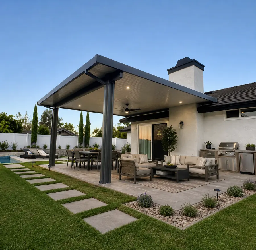 Slate-gray insulated aluminum patio cover over a twilight lounge and dining patio with a built-in grill