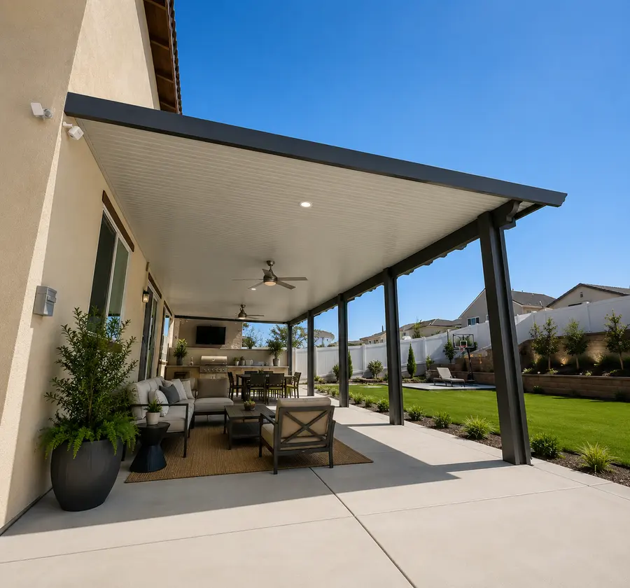 Slate-gray insulated aluminum patio cover over a backyard outdoor living room with a wall-mounted TV