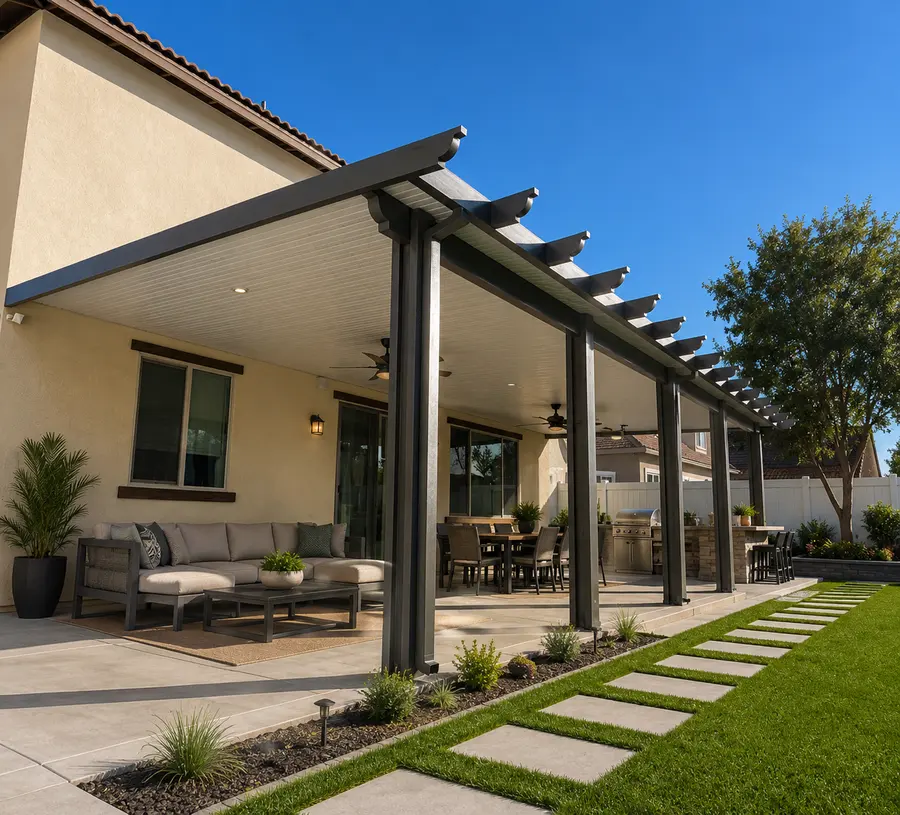 Bronze wood-grain aluminum patio cover with rafter-tail trim over a wraparound backyard lounge and dining patio