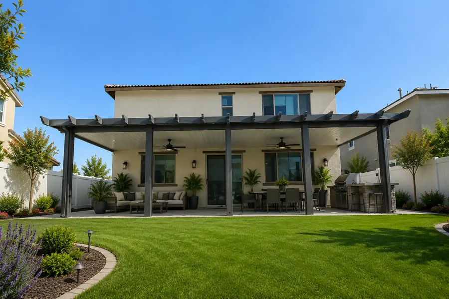 Bronze open-lattice aluminum patio cover spanning a backyard behind a two-story home