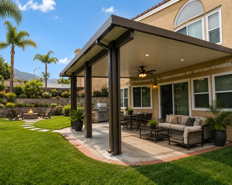 Mocha insulated aluminum patio cover over an outdoor kitchen and lounge with a fire pit and mountain views