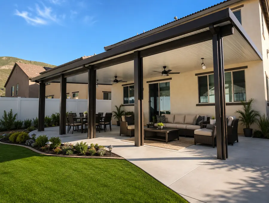 Bronze insulated aluminum patio cover over a backyard dining and lounge patio below a hillside