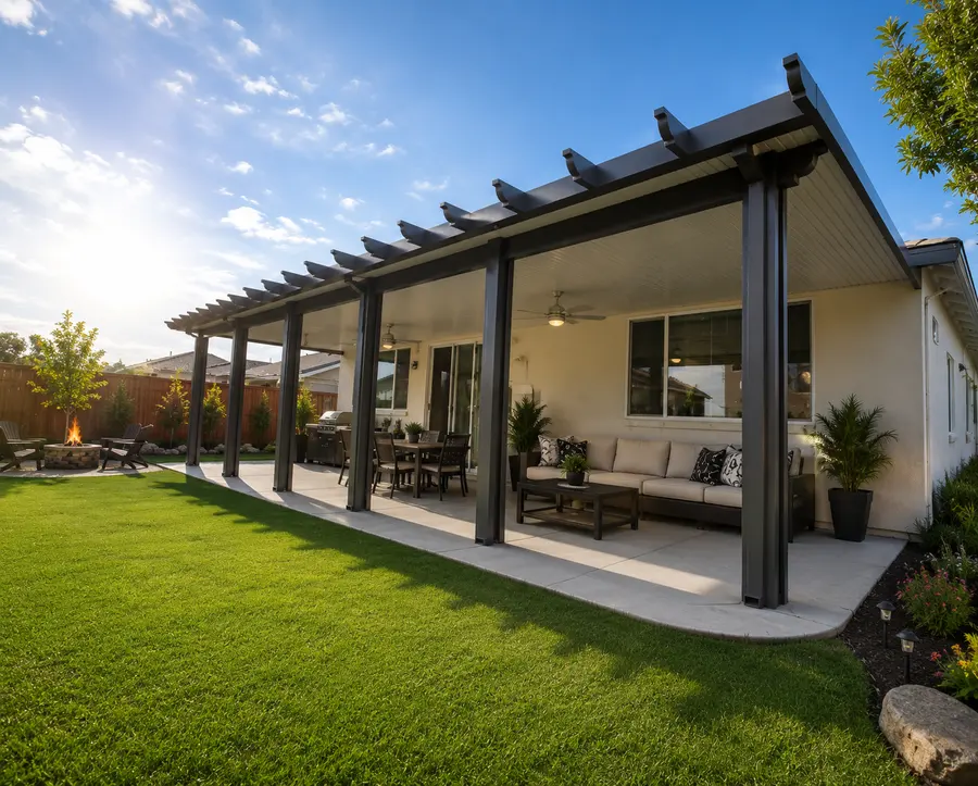 Black insulated aluminum patio cover with rafter-tail trim over a backyard lounge and dining patio at sunset
