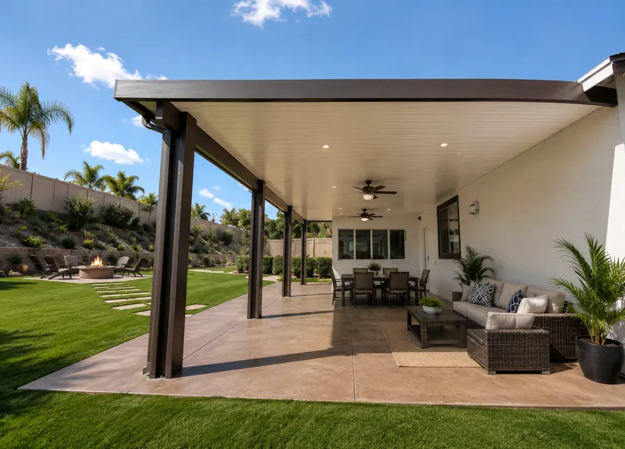 Brown insulated aluminum patio cover over a stamped-concrete fire-pit lounge and dining patio below a hillside