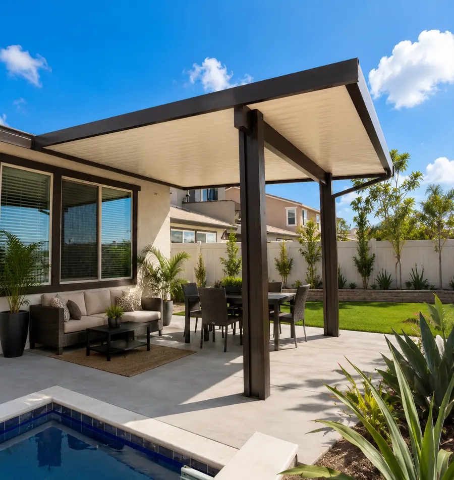 Mocha insulated aluminum patio cover over a poolside lounge and dining patio with palm trees