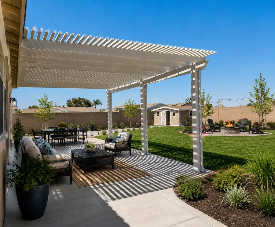 White open-lattice aluminum patio cover over a backyard lounge and dining patio with a fire pit