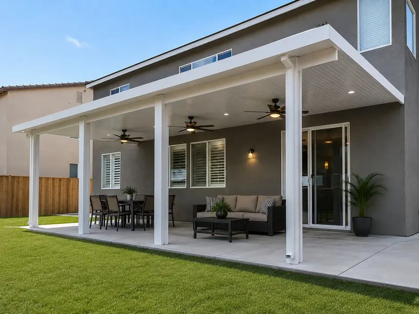 White aluminum patio cover over a backyard living and dining area in the Inland Empire