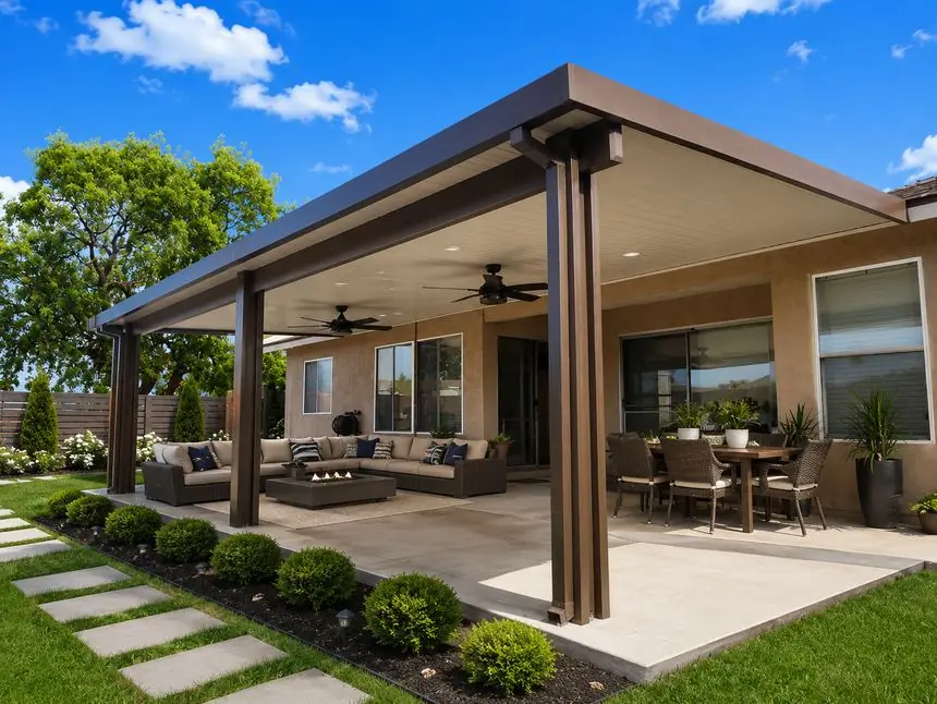 Brown wood-grain aluminum patio cover with a fire table and dining area